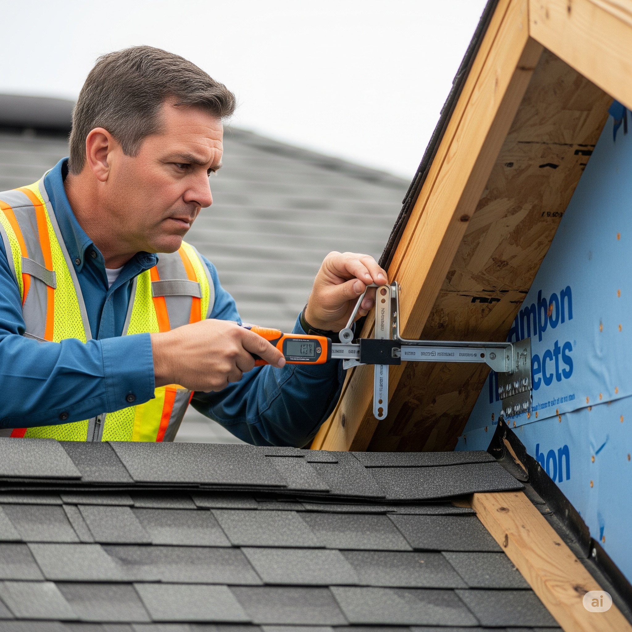 Home inspector assessing roof-to-wall connections for wind mitigation